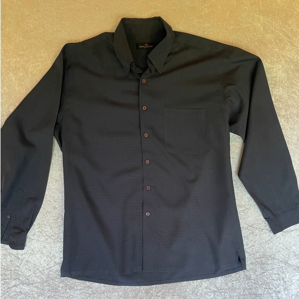 Bugatchi Uomo Button Down Mens Large Grey EUC Micro Grid Long Sleeve Dress Shirt